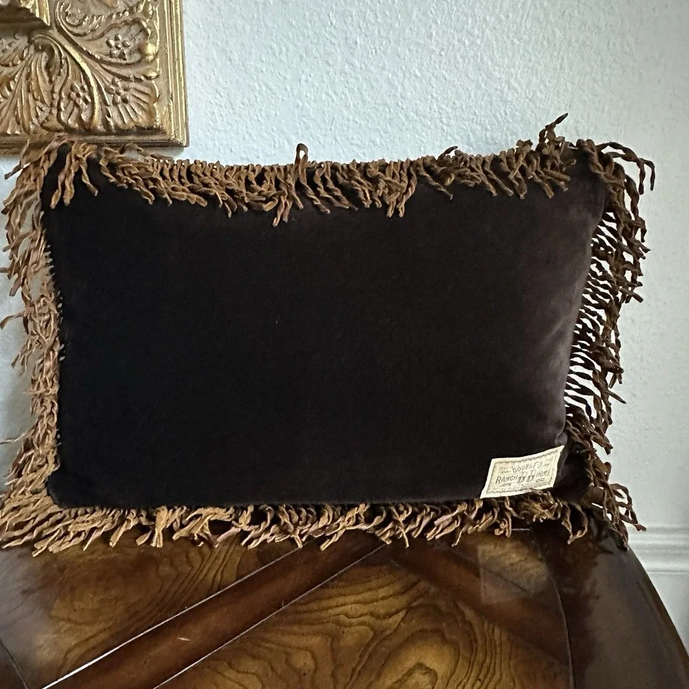 Double D Ranch Home Accent Pillow 18x12 Inch Tooled Leather Fringe USA Humor